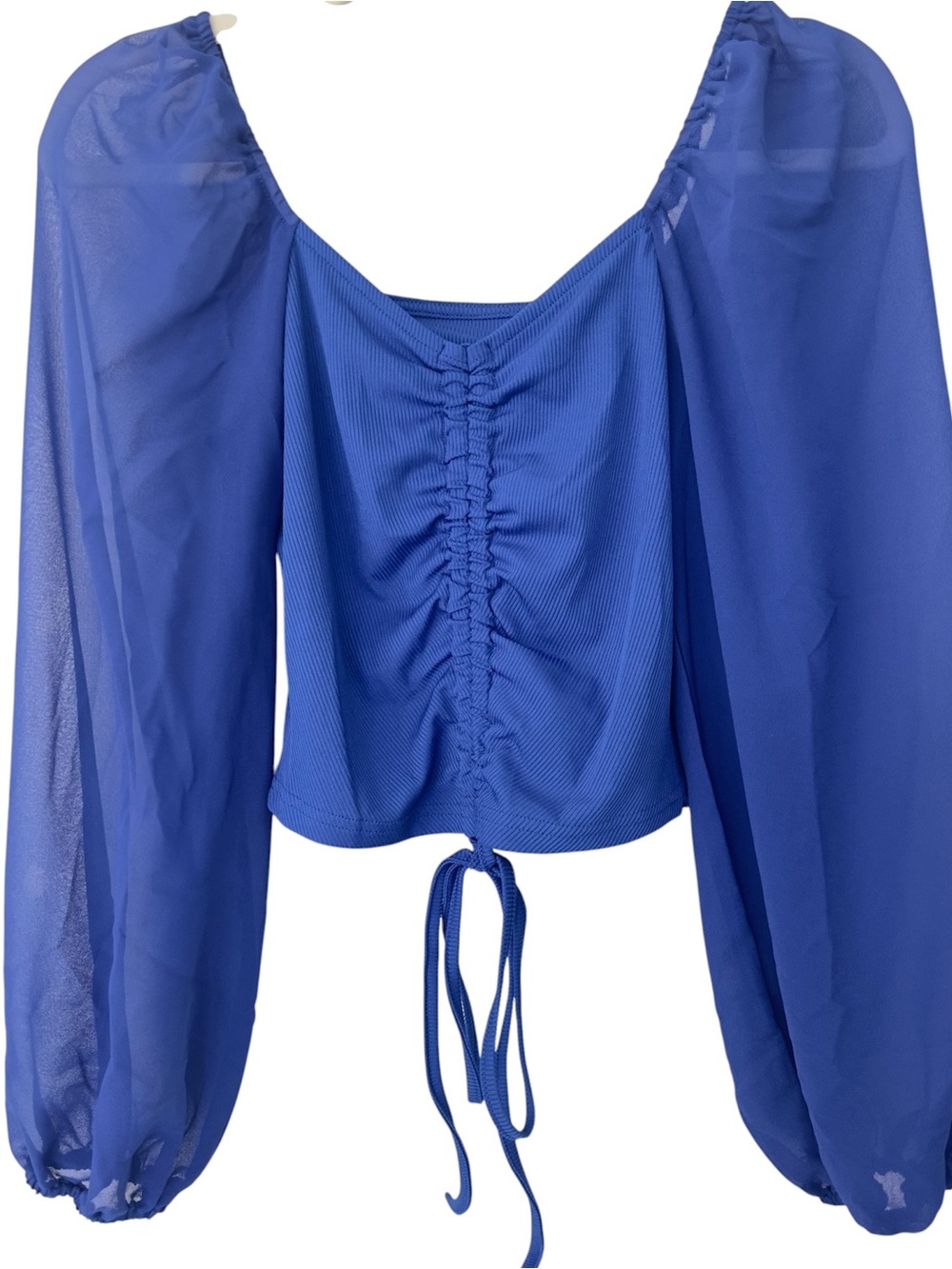 Sheer Bishop Sleeve Ruched Drawstring Crop Top - Blue